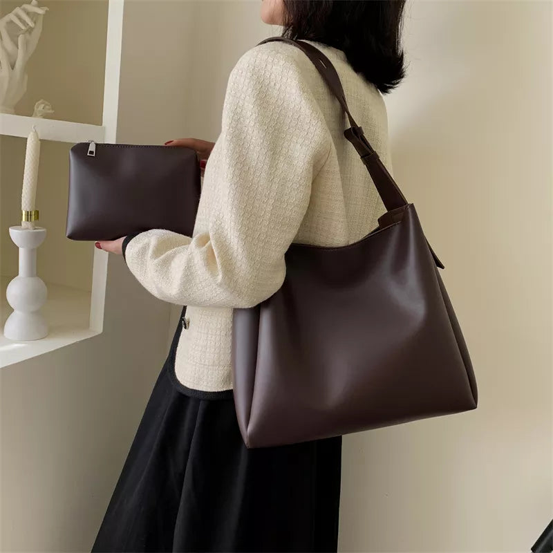 BXOXO Quality Women Tote Bags 2 Pcs/Set Large Capacity Shopper Shoulder Bag Pure Color Wide Strap Soft PU Leather Female Handbags