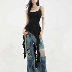 BXOXO Sexy Tank Top Asymmetrical Black Y2k Women Ruffle Grunge Backless Coquette Fashion Streetwear Tops Solid Aesthetics