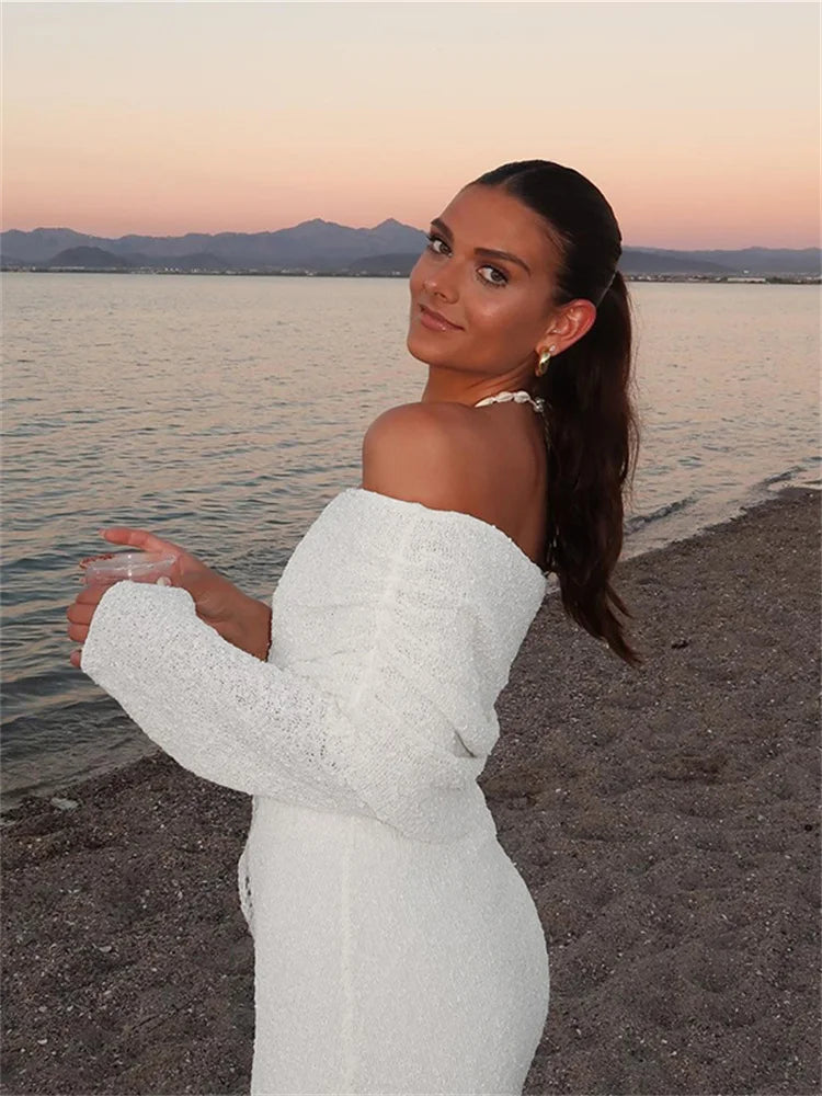 BXOXO Fashion Mesh Patchwork Dress Women Knitted Elegant Ruched Slash Neck Flared Sleeve Vacation Beach Party Mini Bodycon