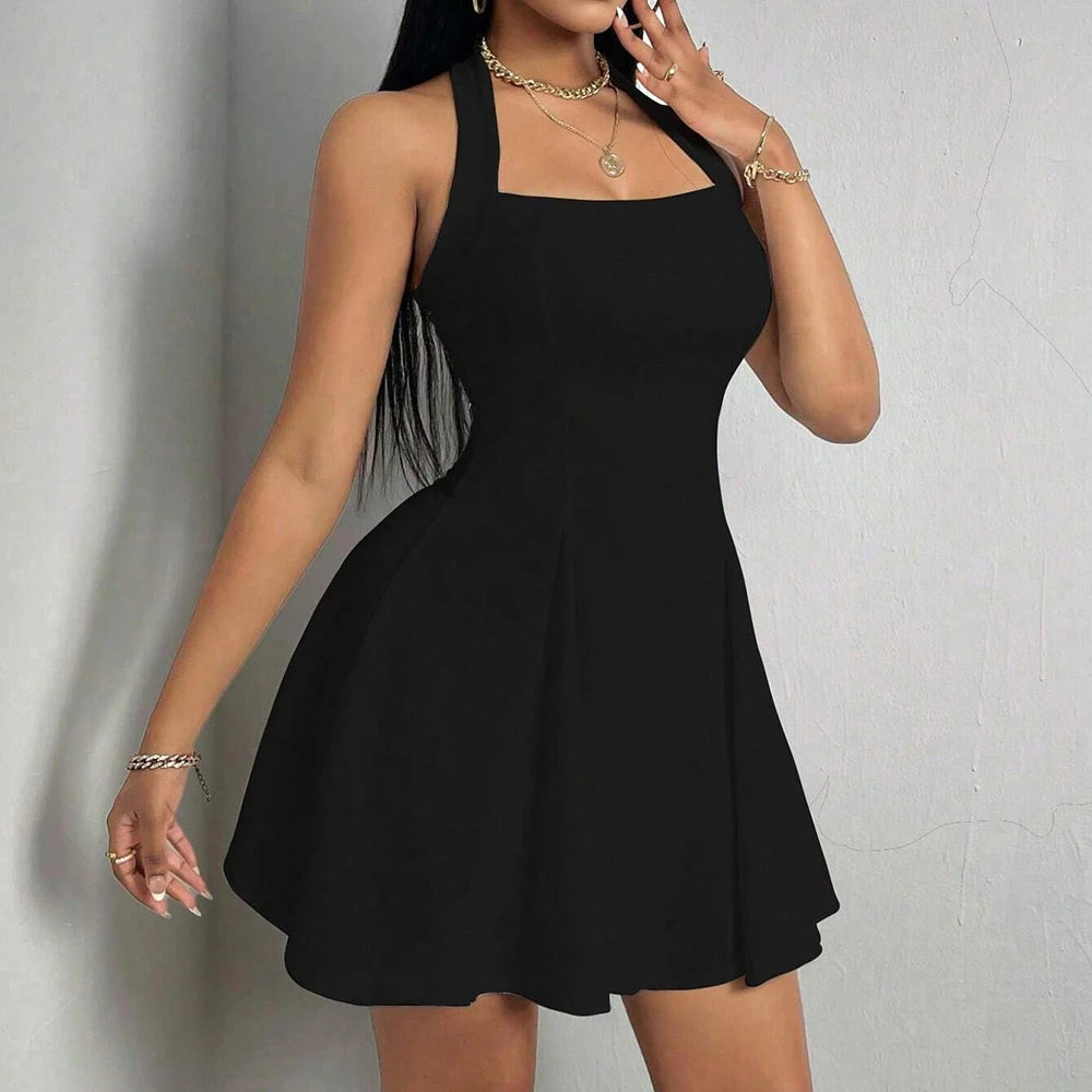 BXOXO All Seasons Women's Dresses Fashion Halter Square Neck Pleated A-Line Mini Elegant Dress New Year Valentine's Day Gift