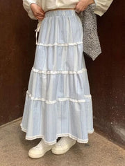 BXOXO Woman Skirts Sweet Lace Patchwork Stretch High Waist Loose Summer 2025 Fashion Plaid Cake Skirt Ladies Casual Chic