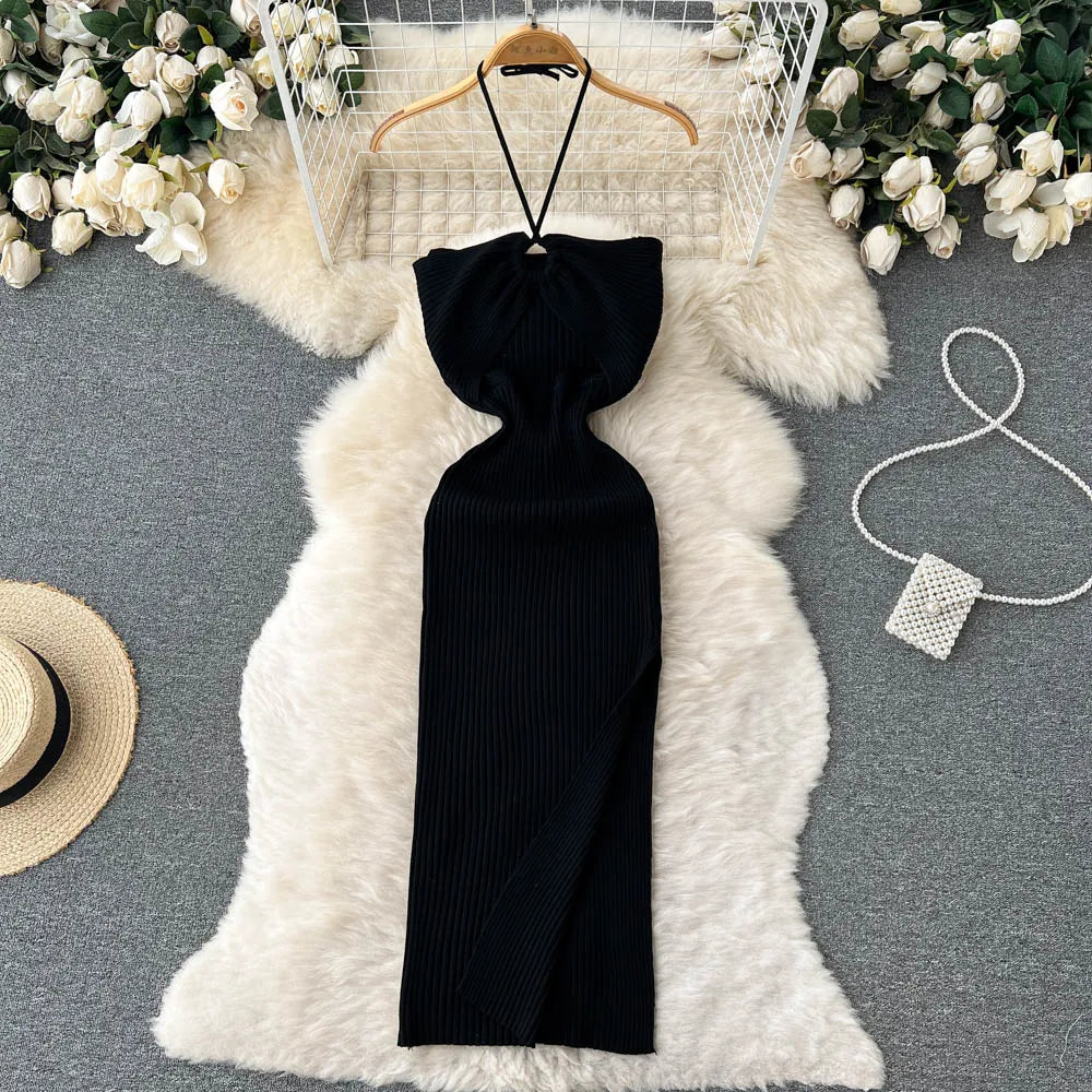 BXOXO Chic Fashion Sexy Package Hips Split Knitted Summer Dress Women Slim Elastic Bodycon Party Dress Streetwear Outfits