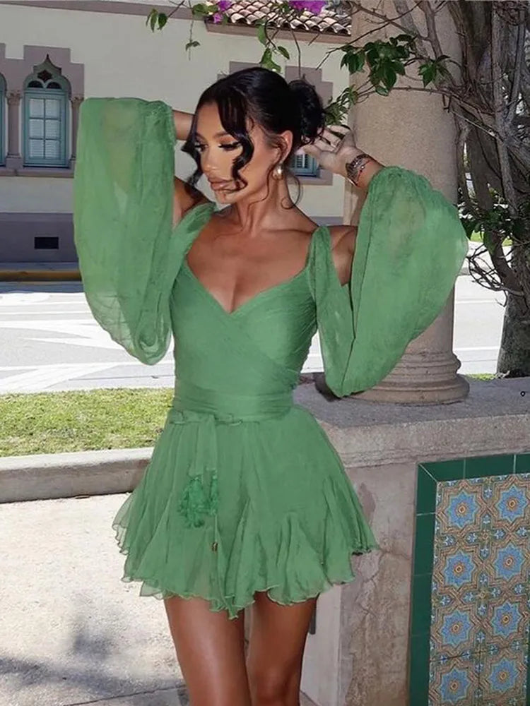 BXOXO  Women's Fashion Green Chiffon Mini Dress Elegant V-neck Split Long Sleeve Ruffle High Waist Dresses Lady Holiday Beach Vestidos