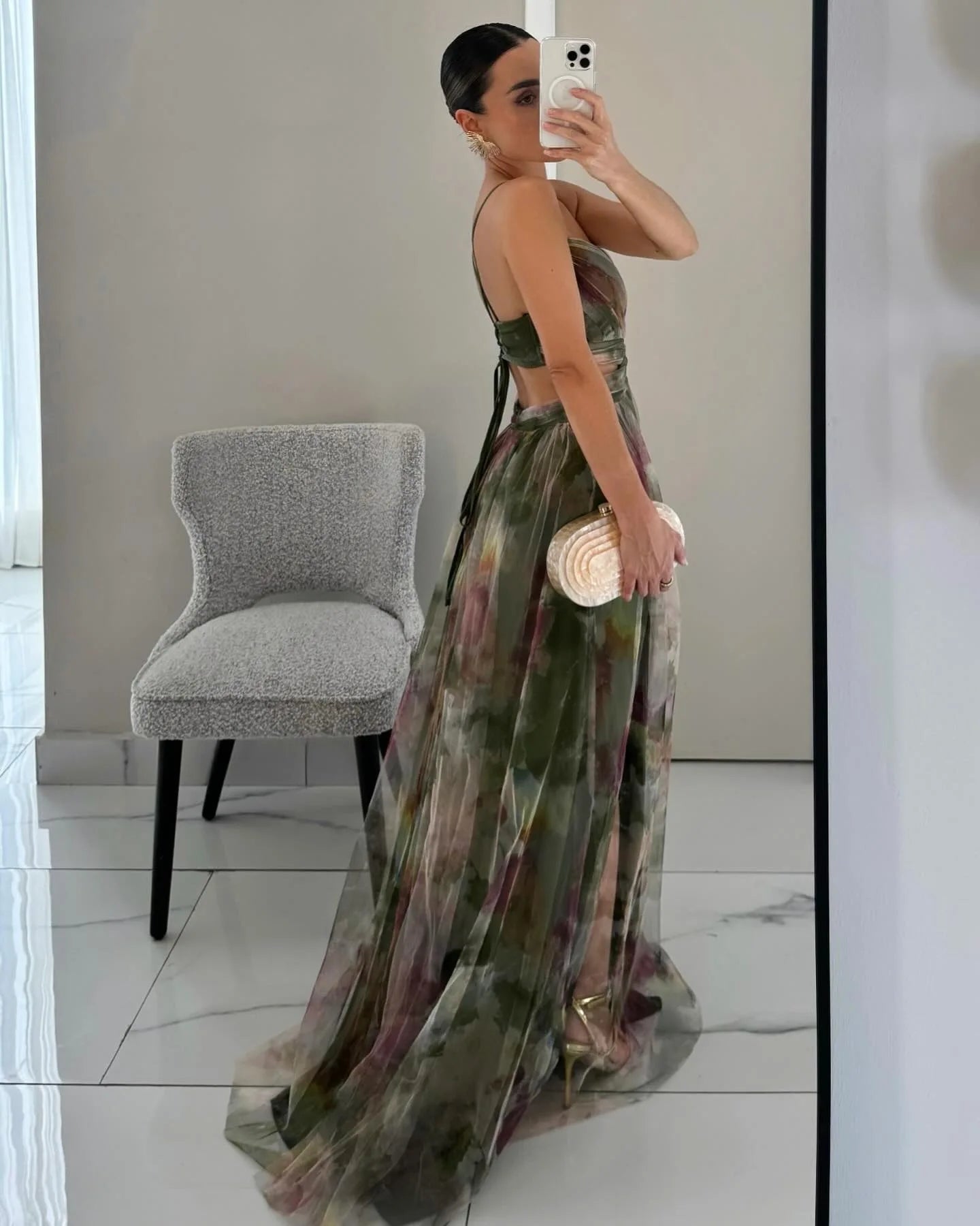 BXOXO  V-Neck Sexy Hollow Out Party Dress, Women Summer Loungewear Fashion Printing Maxi Dress, Sleeveless Lace-Up Ladies Dress Vestido