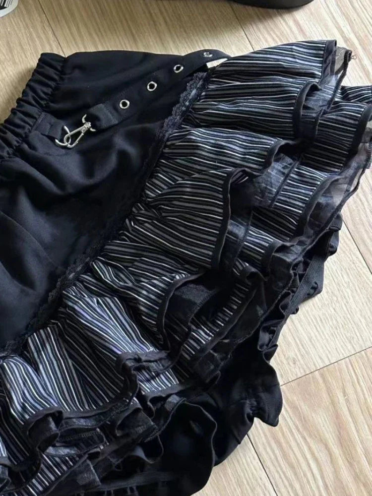BXOXO Harajuku Girls Stripe Punk Grunge Skirts Women Y2k Aesthetic High Waist Cake Mini Streetwear Lace Vintage Kawaii Mini Jupe