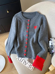 Bxoxo Vintage Love Print Cardigan Women Lazy Wind Patchwork Long Sleeve Knitted Sweaters Casual O Neck Fall Retro Korean Female Tops