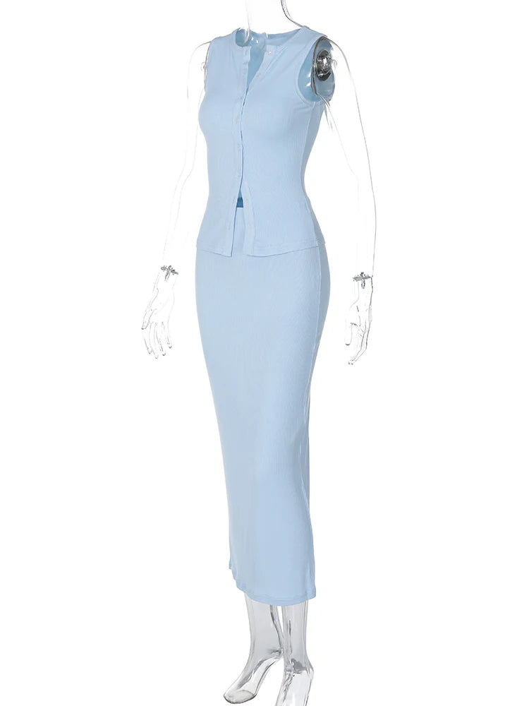 Bxoxo Matching Suit Sleeveless Ribbed Single-Breasted Top Shirt Maxi Skirt 2024 Spring Summer Women'S Clothing Sexy Streetwear