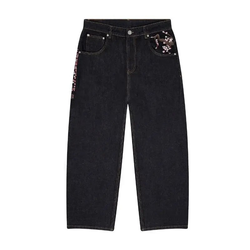 Bxoxo Y2k Vintage Plum Blossom Embroidery Women Jeans Harajuku Wide Leg American Style Denim Pants Baggy Hip Hop Streetwear
