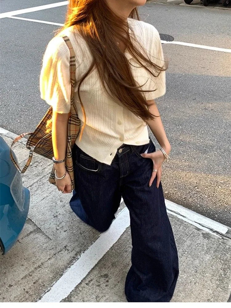 Bxoxo Women's Deep Blue Loose Wide Leg Jeans Street Cool Girl High Waist Baggy Pants Female Casual Straight Denim Trousers