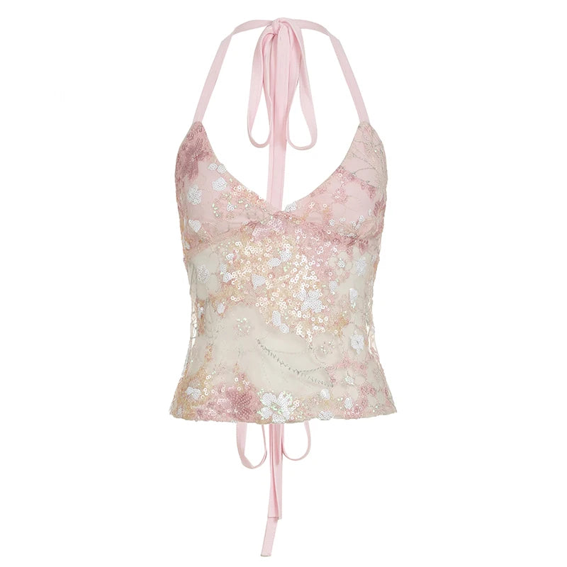Bxoxo Holiday Pink Transparent Tank Tops Sexy Sequin Patchwork Lace-up Backless Sleeveless Crop Top Women Summer Y2k Halter Tee
