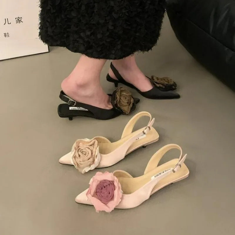 BXOXO New Flower Designer Sandals Women Elegant Satin Mule Shoes Summer Pointed Toe Pumps Low Heel Flowers Slingback Sandals Female
