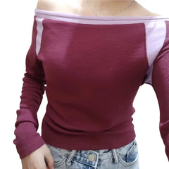 Bxoxo Fairy Grunge Top y2k Vintage Aesthetic Patchwork Off Shoulder Long Sleeve T Shirt 2000s Women Clothes Casual Streetwear