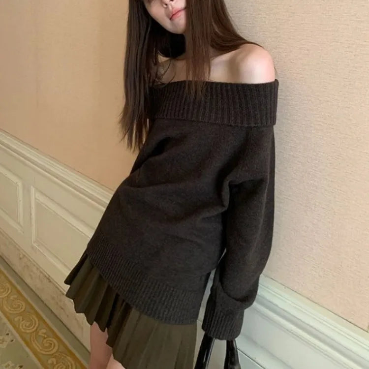 BXOXO Y2k Vintage Off Shoulder Knit Sweater Women Autumn Korean Fashion Aesthetic Harajuku Jumper Gyaru Sexy Pullover Loose