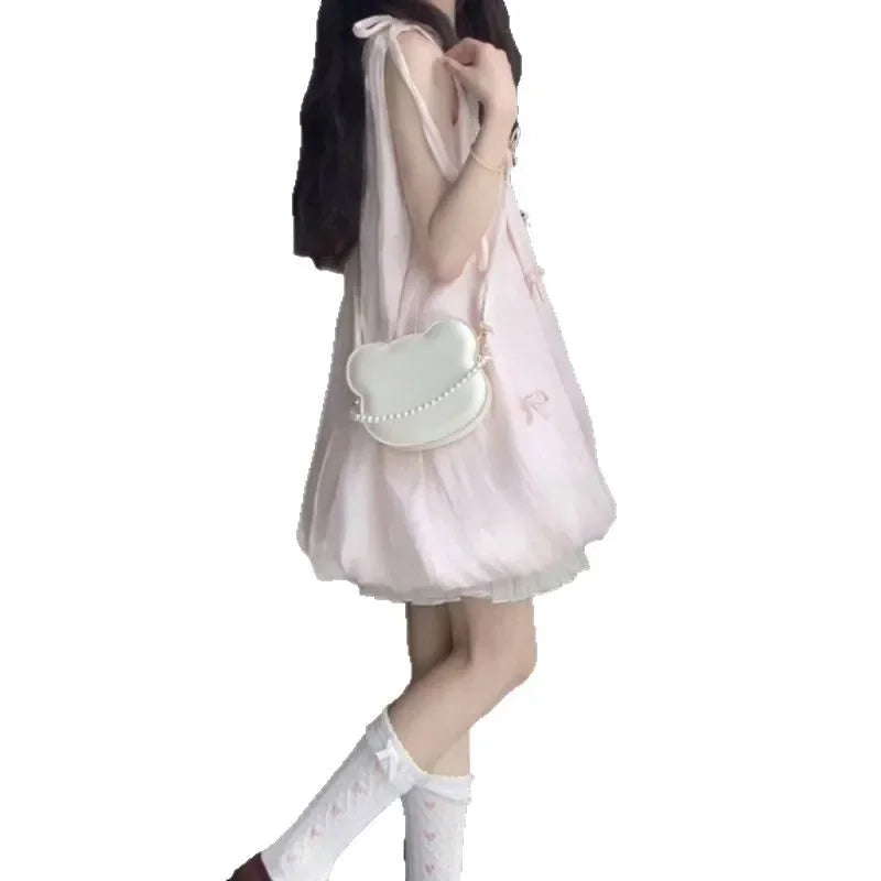 Bxoxo Sweet Pink Butterfly Knot Flower Bud Dress Women's Loose Slimming Short Skirt Summer New Style Student Mini Dress Casual Chic