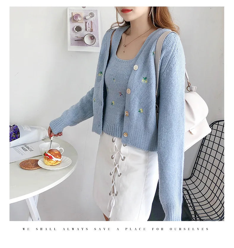 Bxoxo Two-piece Top Suit Flower Embroidered Knitted Korean Style Cardigan Autumn Fashion Sling Sweater Slim Sweet Jacket Sets