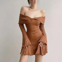 BXOXO Autumn Black A-LINE Dress Women Streetwear Sexy Strapless Off Shoulder Long Sleeves Knitting Mini Dresses Club Elegant Partywear