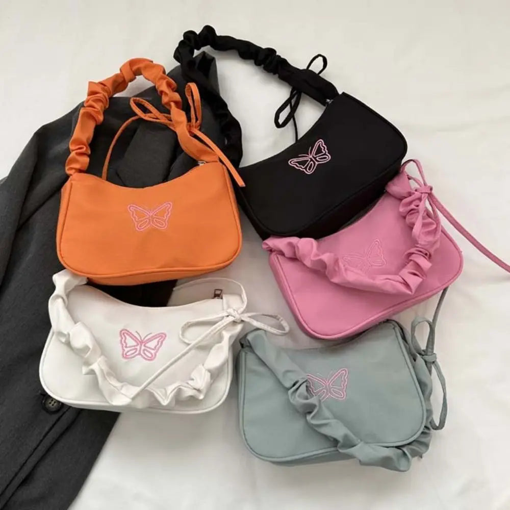 BXOXO Embroidery Bowknot Butterfly Shoulder Bag Y2k Style Ruffle Handle Nylon Bow Tote Bag Makeup Lipstick Bag Handbag