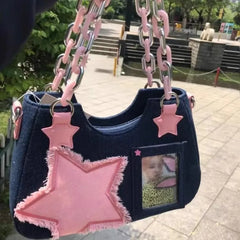 BXOXO Y2K Vintage Shoulder Bag Korean Fashion Underarm Harajuku Star Tote Denim Bag Chain Ladies Bags Zip Purses Handbags Women