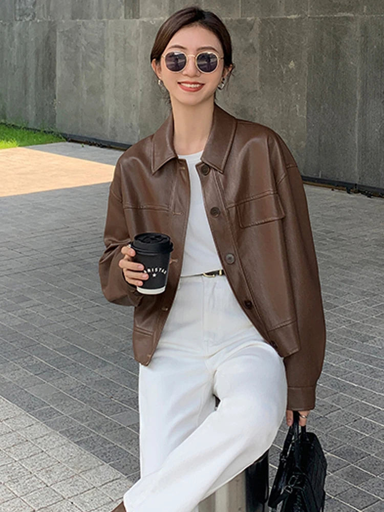 BXOXO Winter Black Cropped Leather Jacket Women Autumn Korean High Street Biker Jacket Female Vintage Outerwear Thin PU Chic Tops