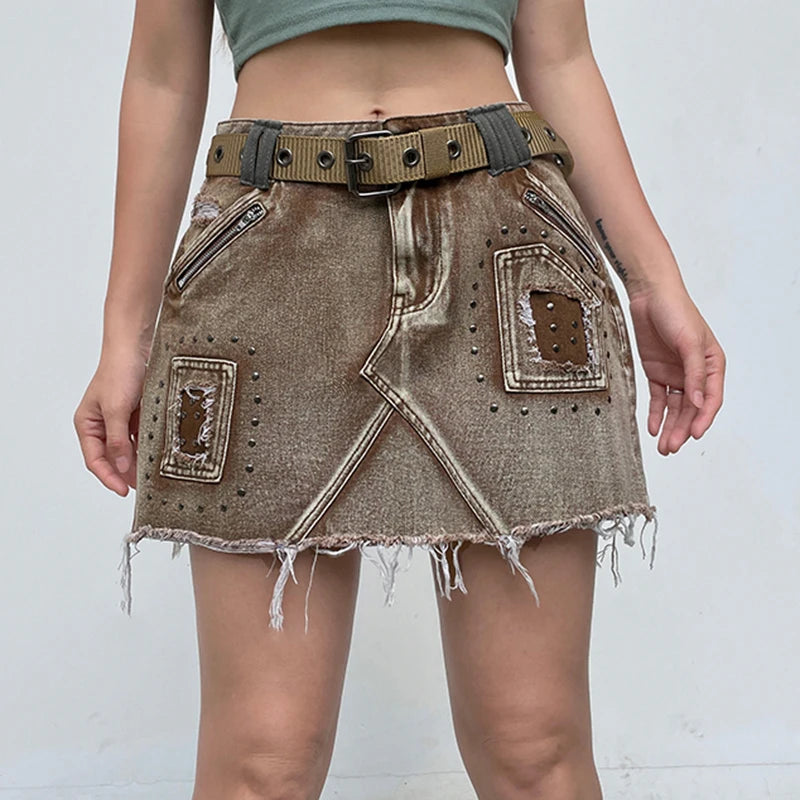 BXOXO Grunge Harajuku Cargo Mini Skirts Vintage Streetwear Denim Skirts Women A-line Low Waist Pocket Patch Clothes y2k 90S