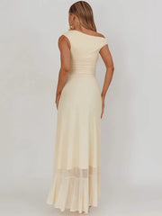 BXOXO Sleeveless Ruffled Split Maxi Dress For Women Gown Mesh O Neck Oblique Shoulder Backless High Waist Slim Fit Club Dress