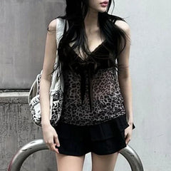 BXOXO Leopard Mesh Crop Top y2k Bow Velvet Patchwork See Through Mini Vest Grunge Korean Vintage Camisole Lace Frill Tanks