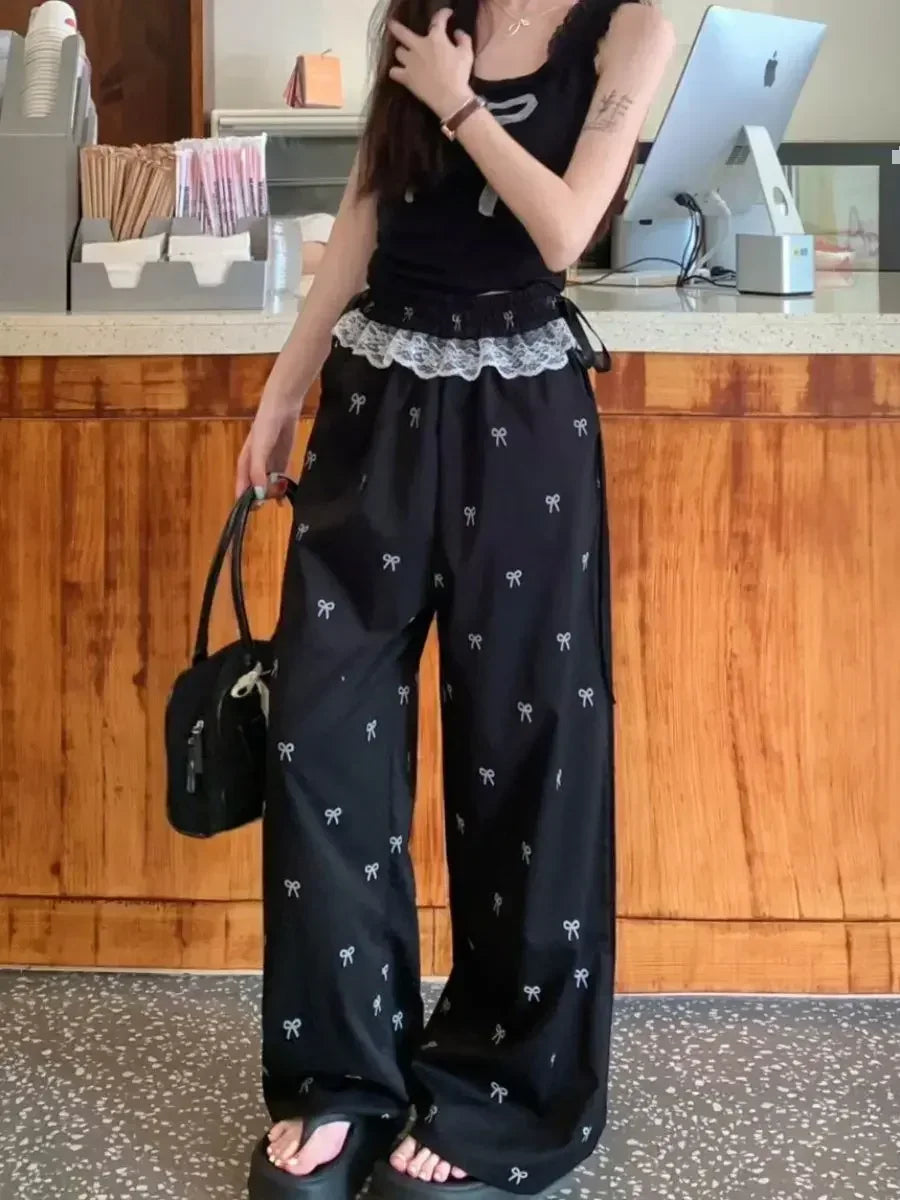 Bxoxo Fashion Lace Patchwork Women Casual Pants Summer Loose Preppy Bow Print Jogging Pants High Waist All Match Straight Trousers