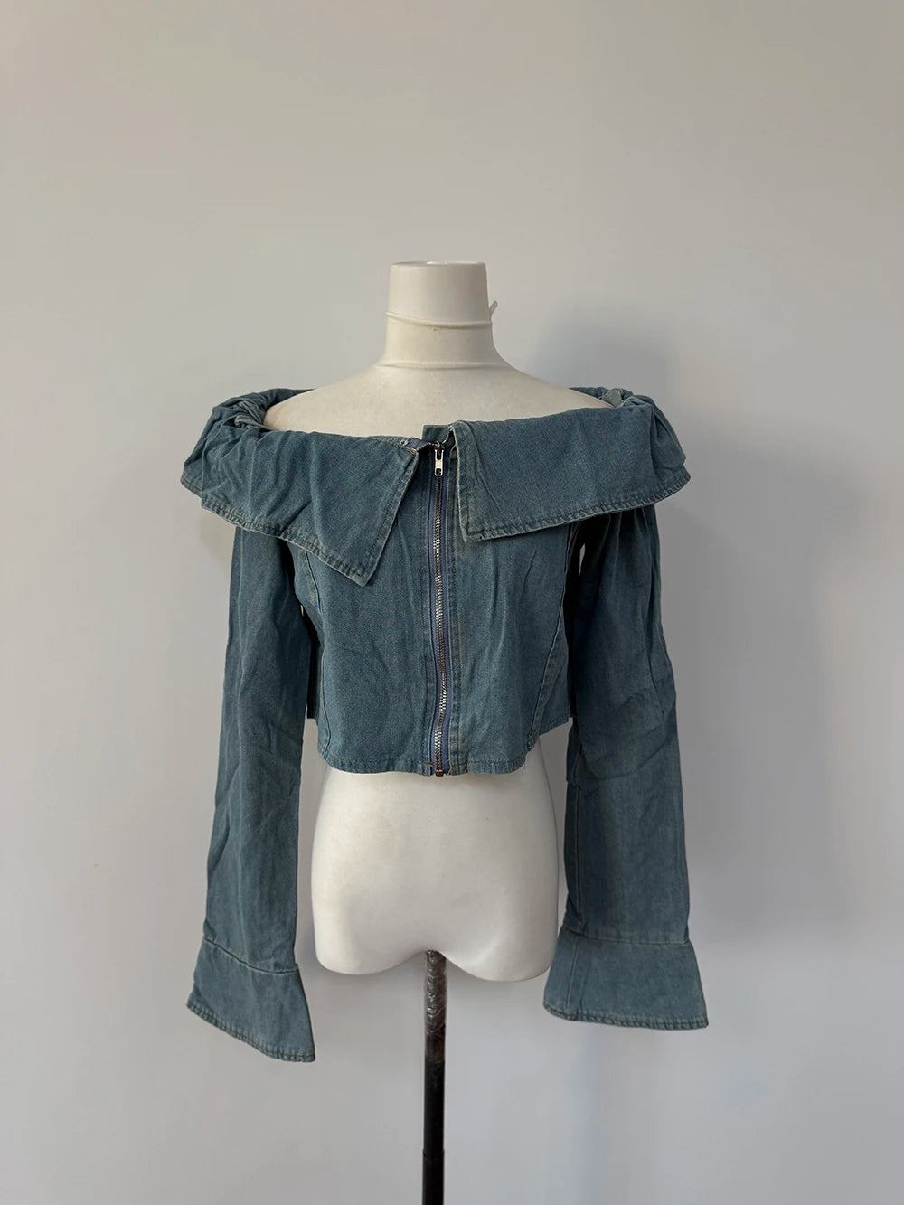BXOXO Vintage One Line Neck Denim Shirt Women Hong Kong Style Off Shoulder Long Sleeve Blouse Sweet Spicy Slim Crop Top Women Clothing