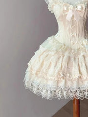 BXOXO Summer Sweet Style Elegant Woman Dress Lolita Y2k Design Lace Splice Bow Dress Fashion Bandage Retro Female Princess Party Dress