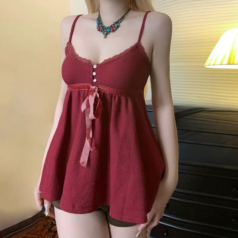 BXOXO Cute Coquette Bandage Bow Tees Women Summer Casual Fashion Loose A-line Camis Vintage y2k Crop Top Retro Aesthetic Vest