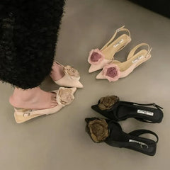 BXOXO New Flower Designer Sandals Women Elegant Satin Mule Shoes Summer Pointed Toe Pumps Low Heel Flowers Slingback Sandals Female