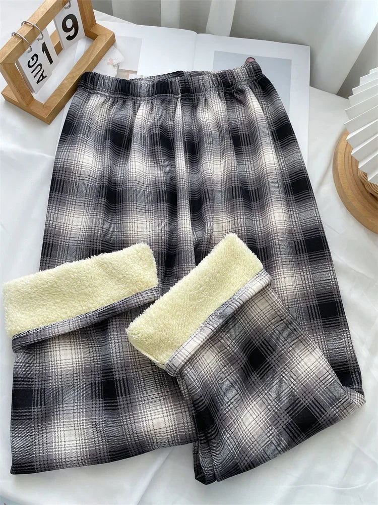 BXOXO Fashion Warm Plush Pants Cashmere Thick Plaid Ladies Winter Casual Loose Wide-legged Pants Korean Streetwear Students