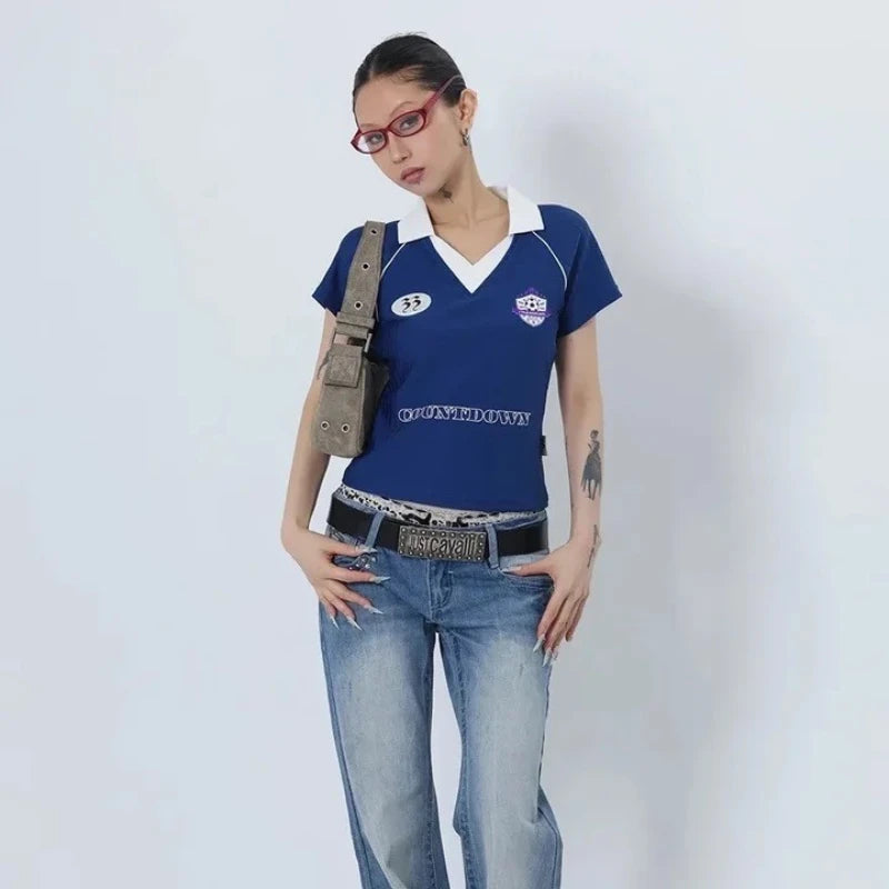 Bxoxo Vintage Letter Graphic Print V Neck Women T-Shirts Short Sleeve American Sporty Style Crop Tees Slim Streetwear Gyaru