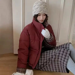 Bxoxo Vintage Plaid Patchwork Parkas Women Winter Warm Stand Collar Crop Coats Y2K Korean Streetwear Loose Puffer Outerwear Mujer