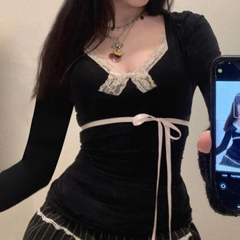 Bxoxo Fairy Grunge Top y2k Women Clothes Lace Trim V Neck Long Sleeve T Shirt with Bow Coquette Clothing 2000s Streetwear