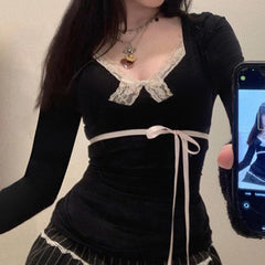 Bxoxo Fairy Grunge Top y2k Women Clothes Lace Trim V Neck Long Sleeve T Shirt with Bow Coquette Clothing 2000s Streetwear