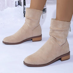 BXOXO Autumn Womens Solid Pleated Ankle Boots Fashion Faux Suede Square Heel Boots Ladies Round Toe Back Zipper Office Shoes Boats