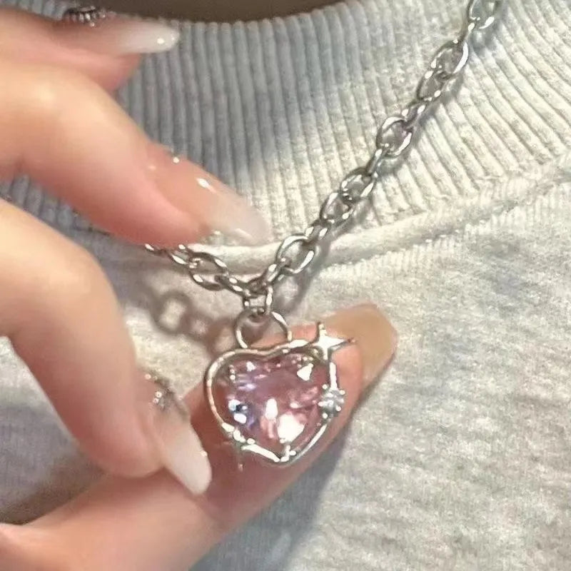 BXOXO Y2K Accessories Fashion Peach Heart Water Drop Pendant Necklace Pink Crystal Egirl Sweet Cool Clavicle Chain Aesthetic Jewelry