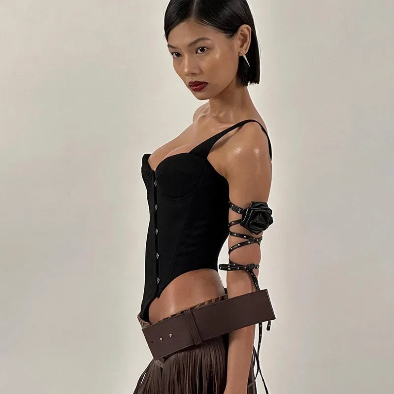 Bxoxo Fashion Women Buckle Irregular Crop Tops One Shoulder Strap Corset Tops Slim Waist  Low-cut Tanks Camis Bralette Bustiers New