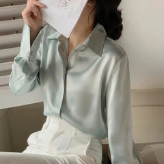 BXOXO Women's Satin Blouse Long Sleeve French Fashion Solid Color Shirts Office Lady Clothes Elegant Woman Shirts Korean Ladies Wear