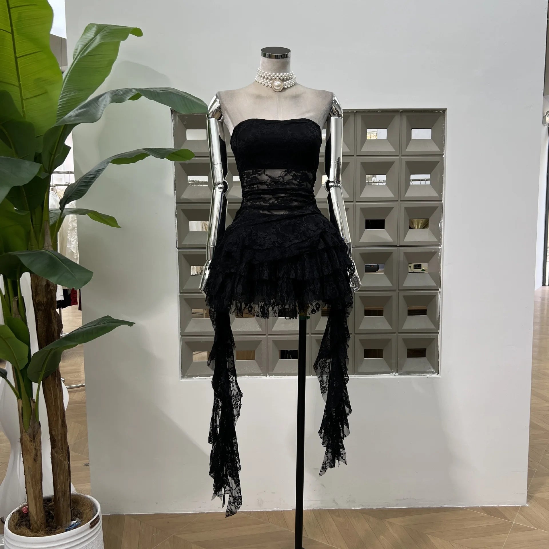 BXOXO Fashion Two Piece Set Irregular Lace Top + High Waisted Fluffy Skirt Solid Color Female Elegant Birthday Dress New 3QW1065