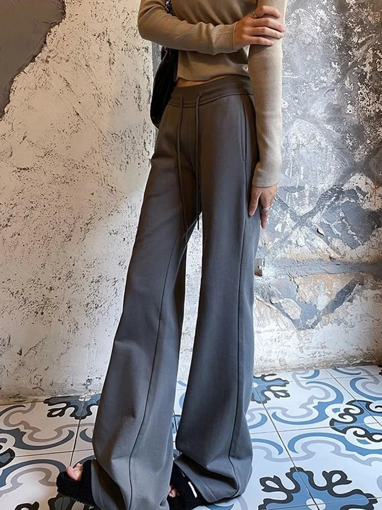 Bxoxo Streetwear Slim Flare Pant Women Sexy Low Waist Fall Vintage Wide Leg Trousers Casual American Lace Up Female Retro Black Pants