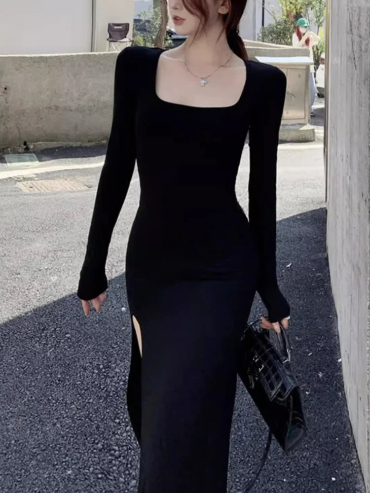 BXOXO Sexy Side Slit Dress for Women Tight-fitting Wrap Hip Over-the-knee Long Sleeved Dresses Black Street Bodycon Spring Autumn