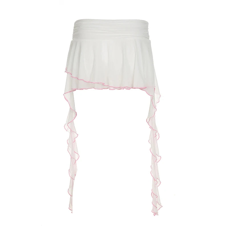 BXOXO Sweet Chic Design Asymmetrical Ribbons Women Mini Skirts Pink Trim 3D Floral Fashion Summer Skirts
