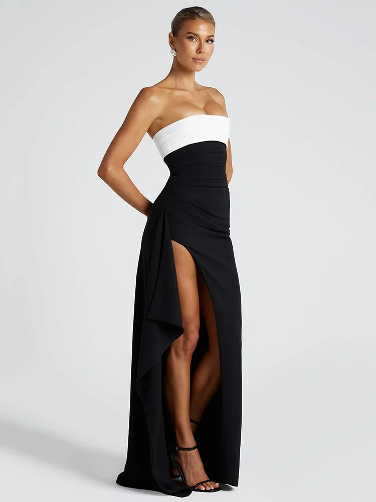 BXOXO Off-shoulder Strapless Sexy Maxi Dress For Women Contrast Color Patchwork Sleeveless Backless Thigh High Split Dress