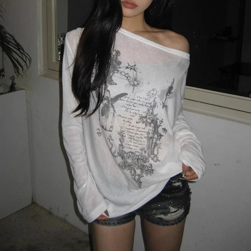 Bxoxo Korean Fashion Graphic Tees Women Transparent Vintage Gothic T Shirt Long Sleeve Loose Punk T-shirt Streetwear Tops