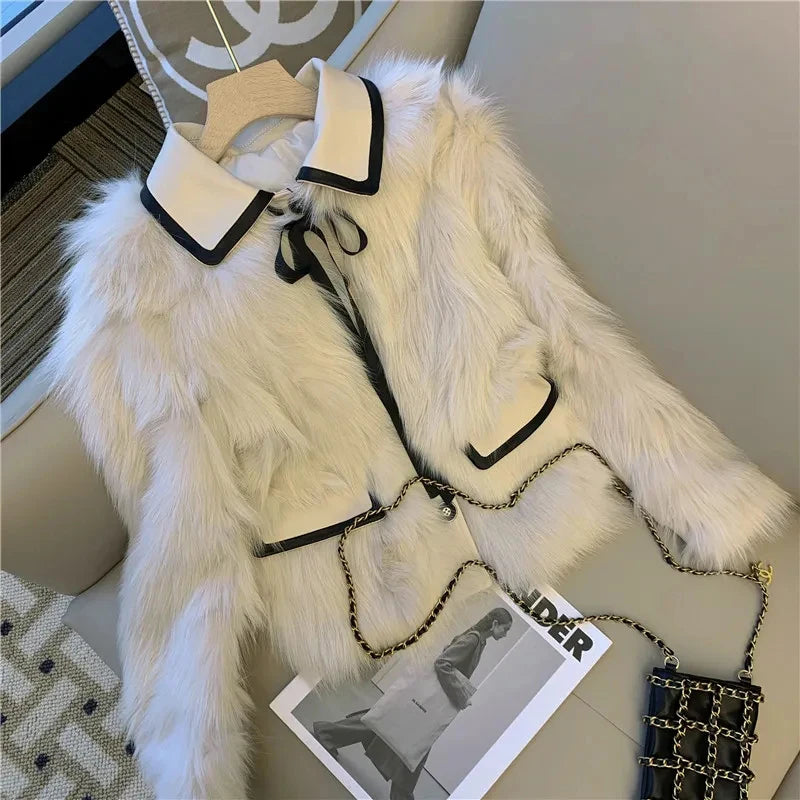Bxoxo Fashion Faux Fox Fur Women Coat Y2K Korean Chic Patchwork Single Breasted Crop Jacket Winter Warm Elegant Bow Fluffy Outerwear