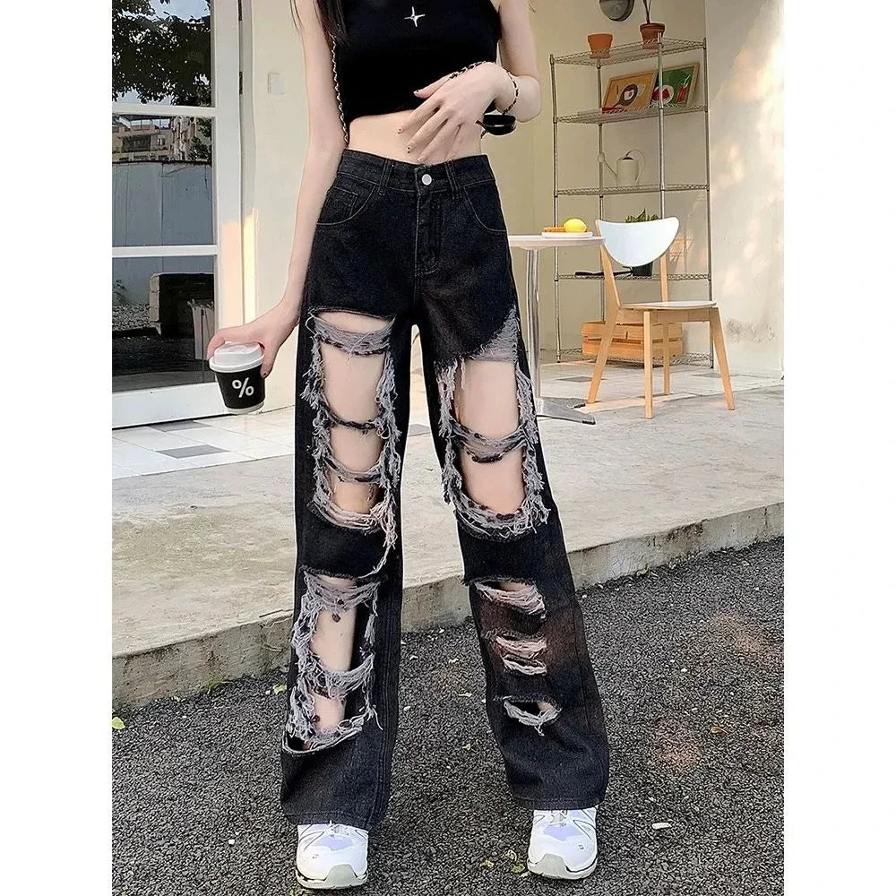 BXOXO New Broken Hole Jeans All-Match Distressed Women High Street Hip Hop High Waist Straight Loose Trousers Y2k Washed Mopping Pants