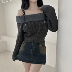 Bxoxo Strapless Sweaters Jumper Y2k Clothes Sexy Off Shoulder Vintage Red Pullover Tops Knitwear Autumn Loose Sueter Mujer 2025