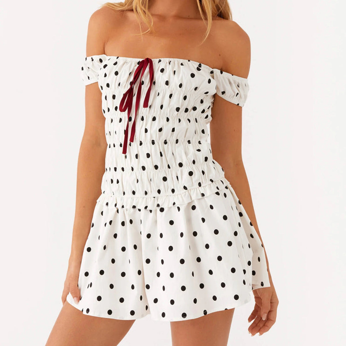BXOXO Elegant Women's Summer Mini Party Dresses Short Sleeve Off Shoulder Solid Color/Dot Print Dresses Holiday Streetwear